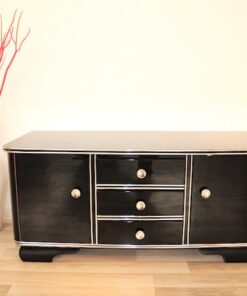 Art Deco, Sideboard, Kommode, Buffet, Hochglanz, Schwarz, Chromgriffe, Chromlinien, Design, Moebel, elegant, poliert, Wohnzimmer