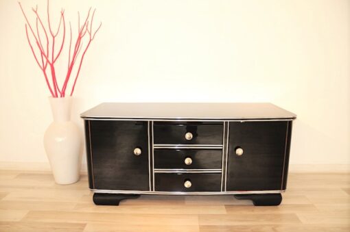 Art Deco, Sideboard, Kommode, Buffet, Hochglanz, Schwarz, Chromgriffe, Chromlinien, Design, Moebel, elegant, poliert, Wohnzimmer