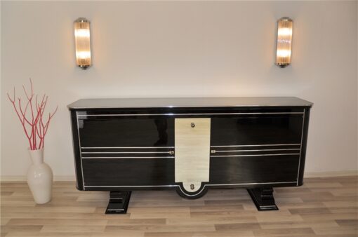 Art Deco, Sideboard, very, rare, exklusive, design, pianolacquer, mirror, stripe, chrome, bars, luxurious, living room, beautiful feet