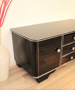 Art Deco, Sideboard, Kommode, Buffet, Hochglanz, Schwarz, Chromgriffe, Chromlinien, Design, Moebel, elegant, poliert, Wohnzimmer