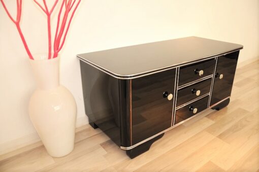 Art Deco, Sideboard, Kommode, Buffet, Hochglanz, Schwarz, Chromgriffe, Chromlinien, Design, Moebel, elegant, poliert, Wohnzimmer