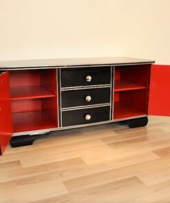 Art Deco, Sideboard, Kommode, Buffet, Hochglanz, Schwarz, Chromgriffe, Chromlinien, Design, Moebel, elegant, poliert, Wohnzimmer