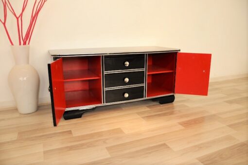 Art Deco, Sideboard, Kommode, Buffet, Hochglanz, Schwarz, Chromgriffe, Chromlinien, Design, Moebel, elegant, poliert, Wohnzimmer