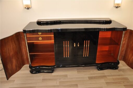 Art Deco, Sideboard, Buffet, Illumination, serpentine doors, highgloss lacquer, polished, design, french, original, glass