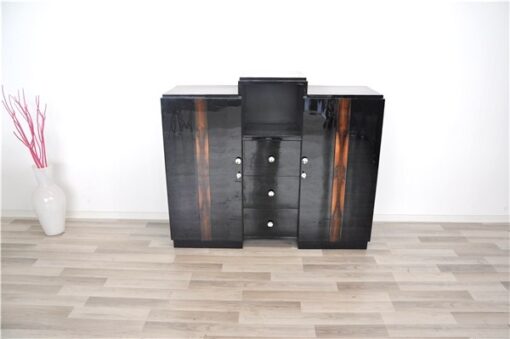 Art Deco, Sideboard, Commode, Buffet, Highgloss, Black, Walnut, Details, Design, compartement, chrome, handles, living room