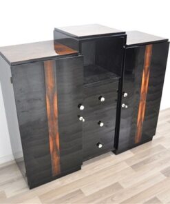 Art Deco, Sideboard, Commode, Buffet, Highgloss, Black, Walnut, Details, Design, compartement, chrome, handles, living room