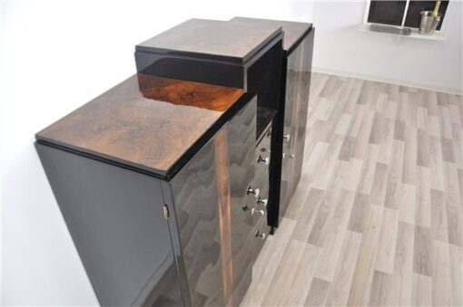 Art Deco, Sideboard, Commode, Buffet, Highgloss, Black, Walnut, Details, Design, compartement, chrome, handles, living room