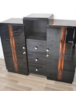 Art Deco, Sideboard, Commode, Buffet, Highgloss, Black, Walnut, Details, Design, compartement, chrome, handles, living room