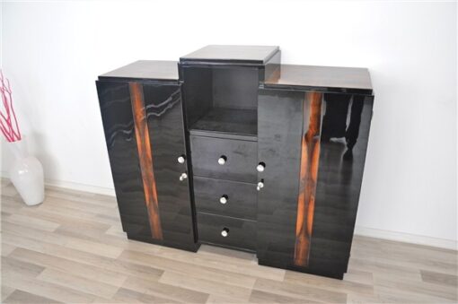 Art Deco, Sideboard, Commode, Buffet, Highgloss, Black, Walnut, Details, Design, compartement, chrome, handles, living room