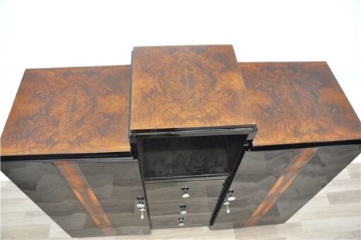 Art Deco, Sideboard, Commode, Buffet, Highgloss, Black, Walnut, Details, Design, compartement, chrome, handles, living room