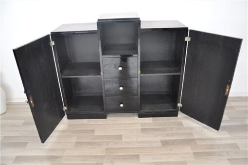 Art Deco, Sideboard, Commode, Buffet, Highgloss, Black, Walnut, Details, Design, compartement, chrome, handles, living room