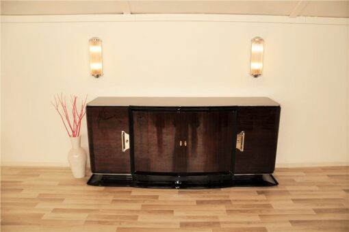 Art Deco, Sideboard, Buffet, Palisander, Era, highgloss, polished, pianolacquer, chrome, handles, french, curved doors, living room