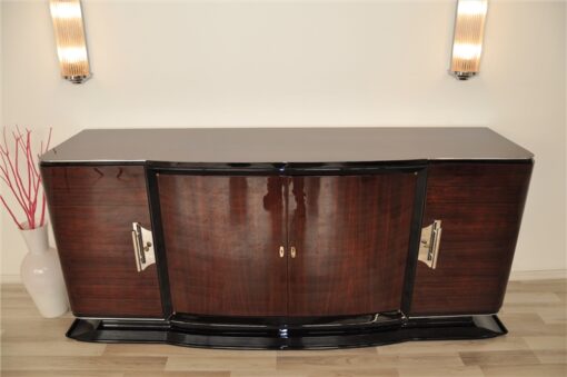 Art Deco, Sideboard, Buffet, Palisander, Era, highgloss, polished, pianolacquer, chrome, handles, french, curved doors, living room