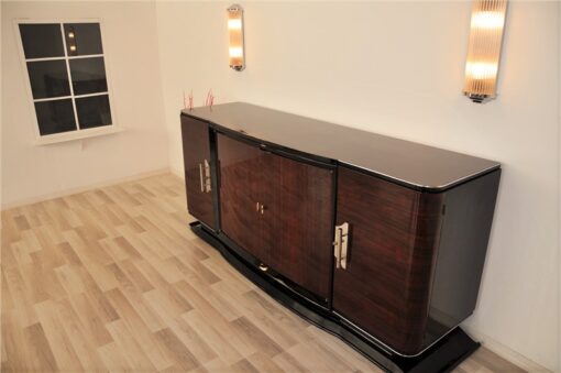 Art Deco, Sideboard, Buffet, Palisander, Era, highgloss, polished, pianolacquer, chrome, handles, french, curved doors, living room