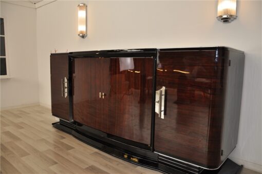 Art Deco, Sideboard, Buffet, Palisander, Era, highgloss, polished, pianolacquer, chrome, handles, french, curved doors, living room