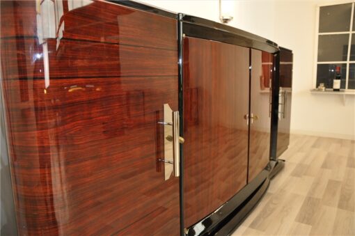 Art Deco, Sideboard, Buffet, Palisander, Era, highgloss, polished, pianolacquer, chrome, handles, french, curved doors, living room