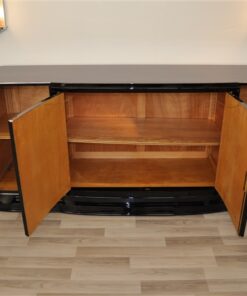 Art Deco, Sideboard, Buffet, Palisander, Era, highgloss, polished, pianolacquer, chrome, handles, french, curved doors, living room