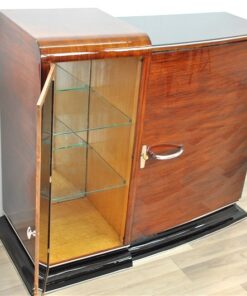 Art Deco, Commode, Bar, Cabinet, Palisander, asymmetrical, unique, glass shelves, mirrored backpanel, living room, serving,