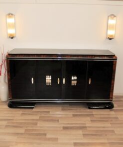 Art Deco, Sideboard, Buffet, French, pinaolacquer, mahogany, details, design, black, veneer, chorme, handles, bars, glass shleves