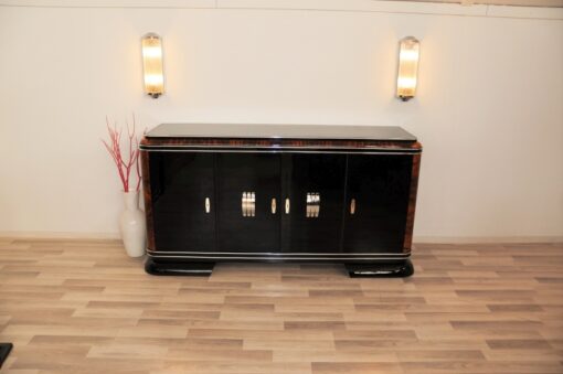 Art Deco, Sideboard, Buffet, French, pinaolacquer, mahogany, details, design, black, veneer, chorme, handles, bars, glass shleves