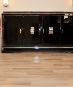 Art Deco, Sideboard, Buffet, French, pinaolacquer, mahogany, details, design, black, veneer, chorme, handles, bars, glass shleves