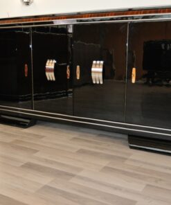 Art Deco, Sideboard, Buffet, French, pinaolacquer, mahogany, details, design, black, veneer, chorme, handles, bars, glass shleves