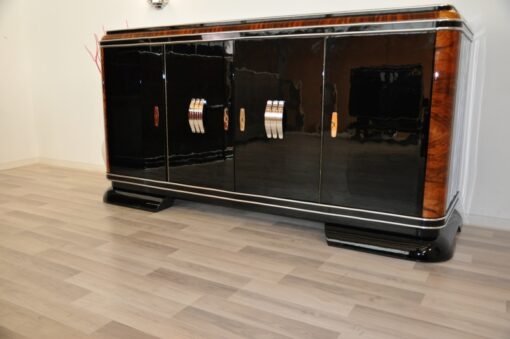 Art Deco, Sideboard, Buffet, French, pinaolacquer, mahogany, details, design, black, veneer, chorme, handles, bars, glass shleves