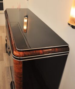 Art Deco, Sideboard, Buffet, French, pinaolacquer, mahogany, details, design, black, veneer, chorme, handles, bars, glass shleves