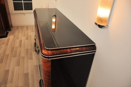 Art Deco, Sideboard, Buffet, French, pinaolacquer, mahogany, details, design, black, veneer, chorme, handles, bars, glass shleves