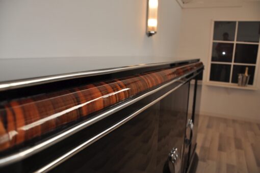 Art Deco, Sideboard, Buffet, French, pinaolacquer, mahogany, details, design, black, veneer, chorme, handles, bars, glass shleves