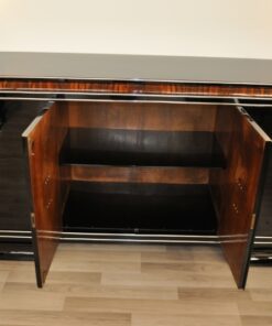 Art Deco, Sideboard, Buffet, French, pinaolacquer, mahogany, details, design, black, veneer, chorme, handles, bars, glass shleves