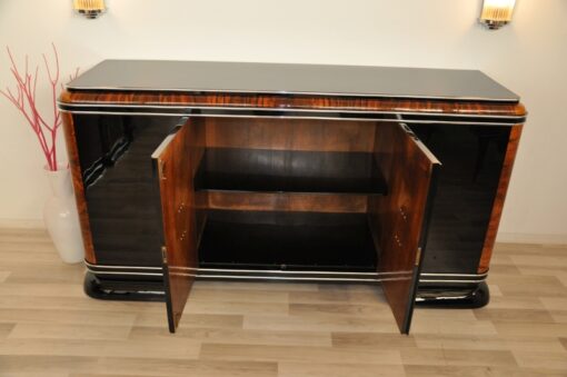 Art Deco, Sideboard, Buffet, French, pinaolacquer, mahogany, details, design, black, veneer, chorme, handles, bars, glass shleves