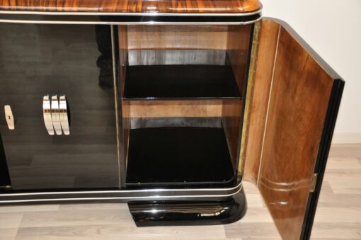 Art Deco, Sideboard, Buffet, French, pinaolacquer, mahogany, details, design, black, veneer, chorme, handles, bars, glass shleves