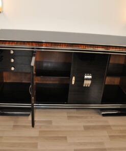 Art Deco, Sideboard, Buffet, French, pinaolacquer, mahogany, details, design, black, veneer, chorme, handles, bars, glass shleves