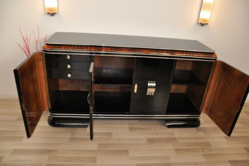 Art Deco, Sideboard, Buffet, French, pinaolacquer, mahogany, details, design, black, veneer, chorme, handles, bars, glass shleves