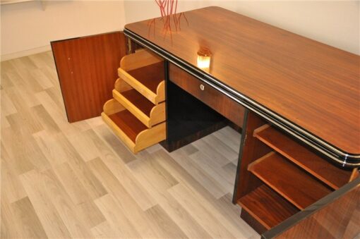 Art Deco, Desk, Palisander Wood, Rosewood, living room, office furniture, design piece, unique, veneer, two sided, back panel, shelve