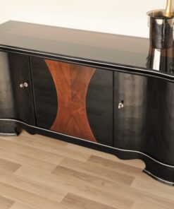 Art Deco, Highgloss, Black, Pianolacquer, Sideboard, Lowboard, curved doors, hand polished, wood veneer, matt black interior, design, furniture