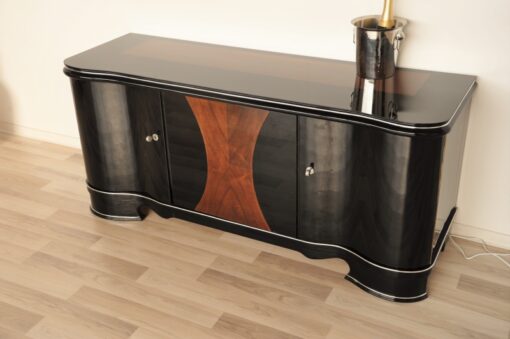 Art Deco, Highgloss, Black, Pianolacquer, Sideboard, Lowboard, curved doors, hand polished, wood veneer, matt black interior, design, furniture