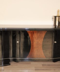 Art Deco, Highgloss, Black, Pianolacquer, Sideboard, Lowboard, curved doors, hand polished, wood veneer, matt black interior, design, furniture