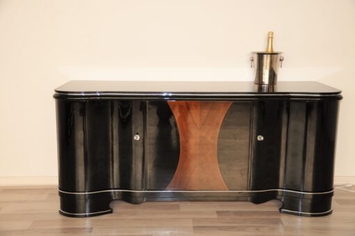 Art Deco, Highgloss, Black, Pianolacquer, Sideboard, Lowboard, curved doors, hand polished, wood veneer, matt black interior, design, furniture