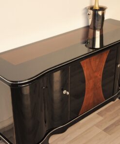 Art Deco, Highgloss, Black, Pianolacquer, Sideboard, Lowboard, curved doors, hand polished, wood veneer, matt black interior, design, furniture