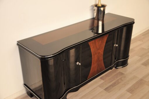 Art Deco, Highgloss, Black, Pianolacquer, Sideboard, Lowboard, curved doors, hand polished, wood veneer, matt black interior, design, furniture