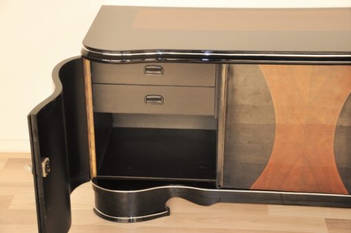 Art Deco, Highgloss, Black, Pianolacquer, Sideboard, Lowboard, curved doors, hand polished, wood veneer, matt black interior, design, furniture