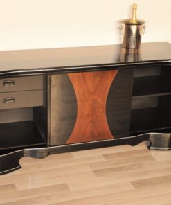 Art Deco, Highgloss, Black, Pianolacquer, Sideboard, Lowboard, curved doors, hand polished, wood veneer, matt black interior, design, furniture