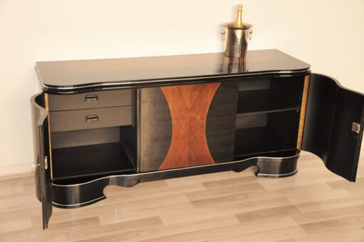 Art Deco, Highgloss, Black, Pianolacquer, Sideboard, Lowboard, curved doors, hand polished, wood veneer, matt black interior, design, furniture