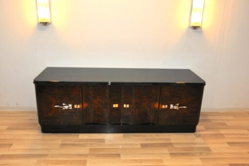 Art Deco, Lowboard, Sideboard, Buffet, dark Burlwood, unique, pianolacquer, handpolsihed, furniture, antique, restored, vintage, chrome, curved doors