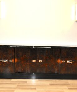 Art Deco, Lowboard, Sideboard, Buffet, dark Burlwood, unique, pianolacquer, handpolsihed, furniture, antique, restored, vintage, chrome, curved doors