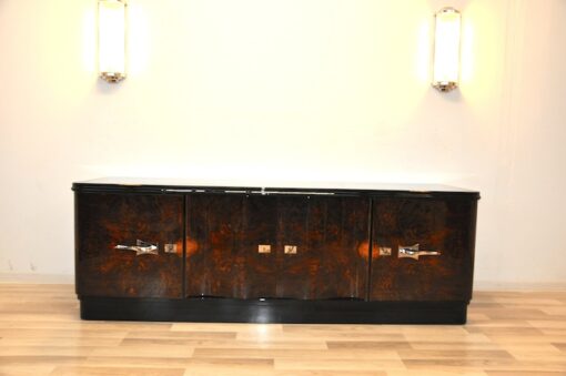 Art Deco, Lowboard, Sideboard, Buffet, dark Burlwood, unique, pianolacquer, handpolsihed, furniture, antique, restored, vintage, chrome, curved doors