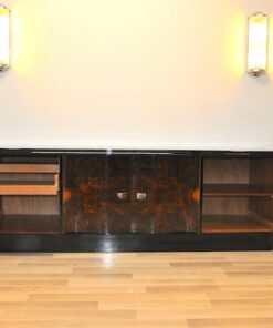 Art Deco, Lowboard, Sideboard, Buffet, dark Burlwood, unique, pianolacquer, handpolsihed, furniture, antique, restored, vintage, chrome, curved doors