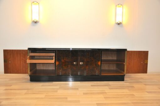 Art Deco, Lowboard, Sideboard, Buffet, dark Burlwood, unique, pianolacquer, handpolsihed, furniture, antique, restored, vintage, chrome, curved doors